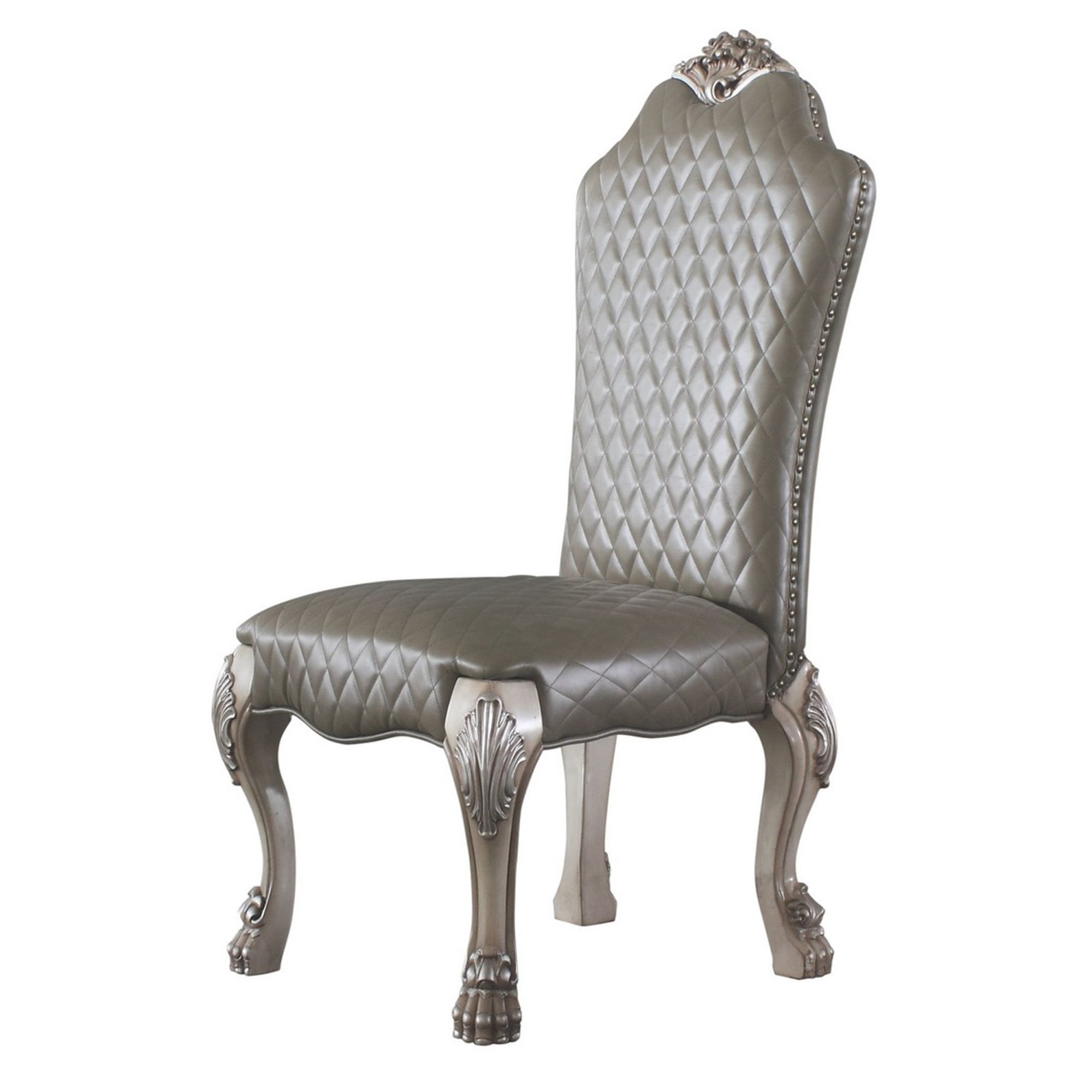 High Back Leatherette Side Chair with Claw Legs, Set of 2, Silver and