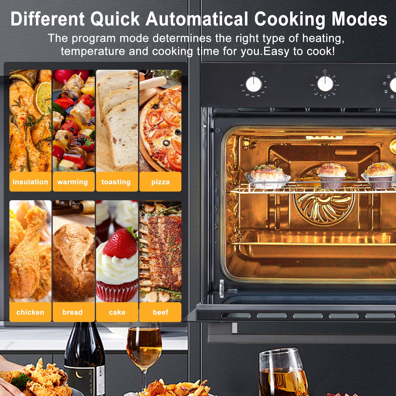 Single Wall Oven 24" Built-In Electric Ovens With Mechanical Knobs Control, 70L, 3000W, 8 Baking Modes, With Air Frying Function, 3D Surround Heating With Double-Layered Glass Door