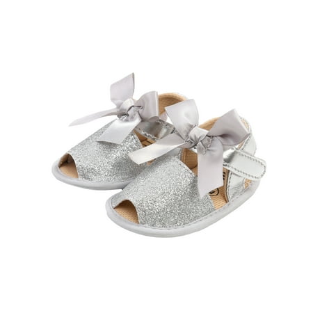

Suanret Infants Baby Girl Sandals Bowknot Decoration Soft Sole Breathable Newborn Shoes Party Photography Silver 6-12 Months