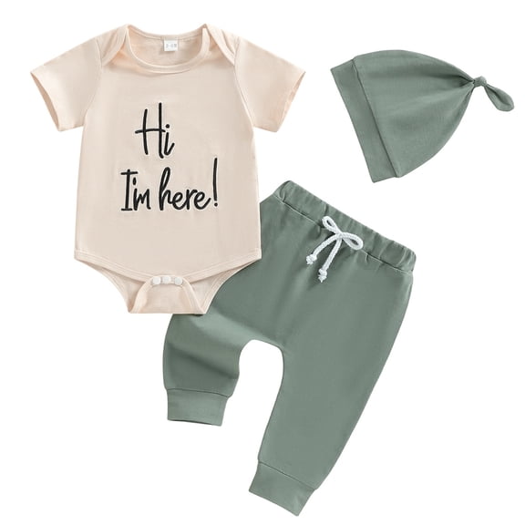 Karoyedx Little Boys Clothes Newborn Baby Boy Outfit Short Sleeve Bubble Romper Pants Hat 3Pcs Infant Clothes Set Beige Size,12-18 Months