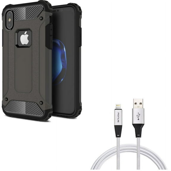 Case w 6ft USB Cable for iPhone XS/X - Hybrid Slim Fit Cover Reinforced Bumper Shock Absorbent, Charger Cord Power Wire Braided Long for iPhone XS/X