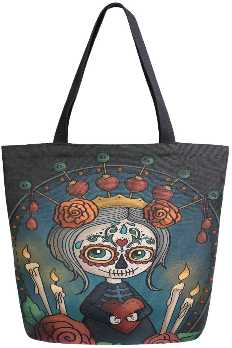 ZzWwR Mexican Day of the Dead Sugar Skull Makeup Girl Extra Large Canvas Portable Tote Shoulder Bag for Gym Beach Weekender School Travel Daily Reusable Grocery Shopping 