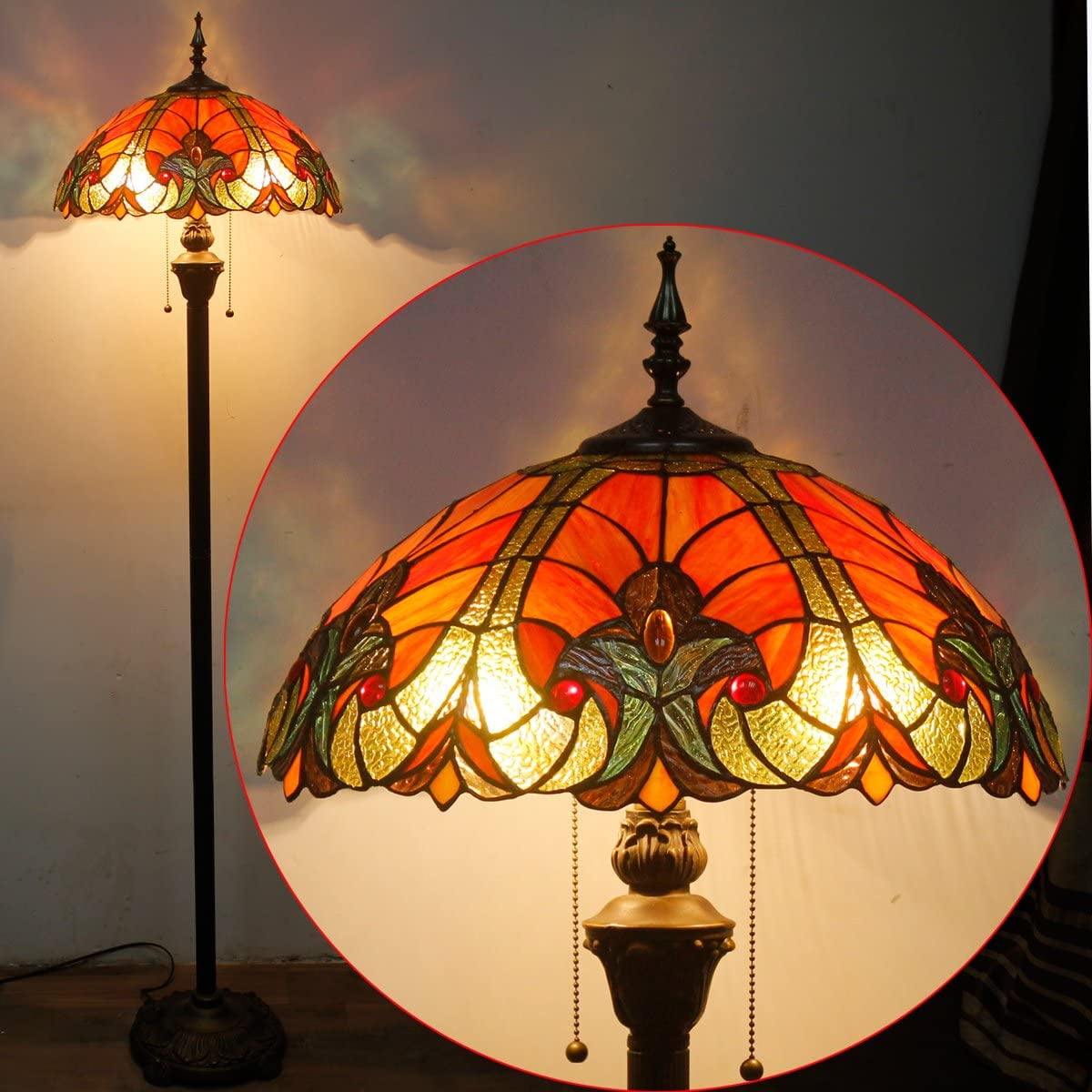 Tiffany Floor Lamp LED Art Bright Standing Reading Light 64" Tall Red Liaison Stained Glass Shade Boho Industrial Bronze Pole Vintage Base Kids Bedroom Living Room Corner Farmhouse Office