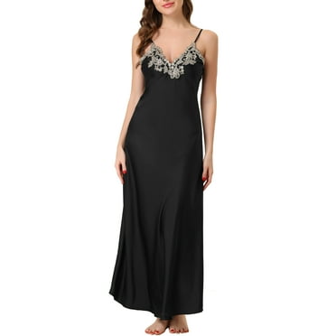 cheibear Women's Satin Nightgown Floral V Neck Sleeveless Sleepwear Party Pajamas Dress M Black