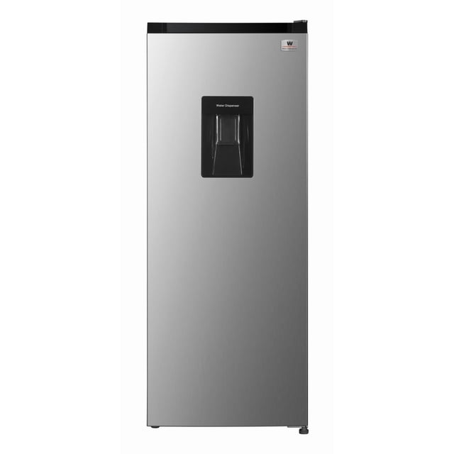 white westinghouse refrigerador frigobar 6.1 pies 170l modelo wwcr07170lhswd con despachador de agua frontal; vista frontal centrada de frigobar en acabado acero VCM con dispensador rectangular empotrado en la puerta, logo White‑Westinghouse en esquina superior, superficie lisa metalizada, manija superior derecha y patas ajustables en la base; tamaño compacto ideal para departamentos u oficinas y suele usarse también para enfriar bebidas en espacios reducidos.