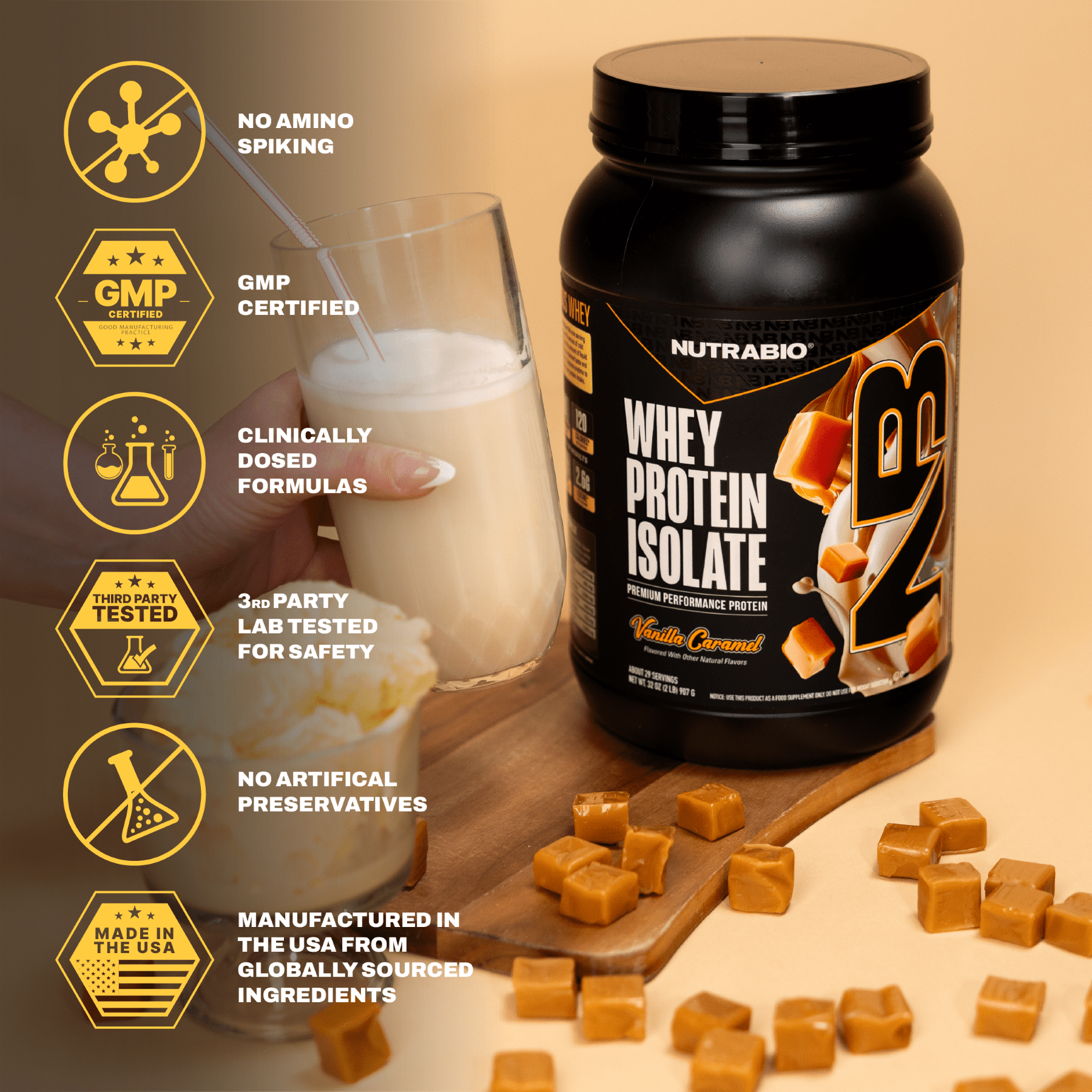 NutraBio Whey Protein Powder Isolate Supplement – 25g of Protein Per Scoop with Complete Amino Acid Profile - Soy and Gluten Free Protein Powder - Zero Fillers and Non-GMO - Vanilla Caramel- 2 Lbs.