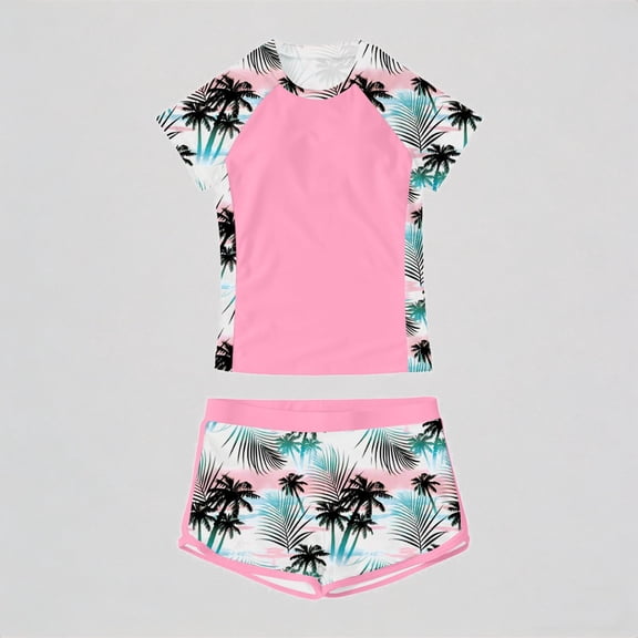 Krdevn Girls Two Piece Swimwear Set Summer Beach Pool Outfit Floral Print Round Neck Bikini Top with Shorts for Girls,Girls Swimsuits,11-12 Years