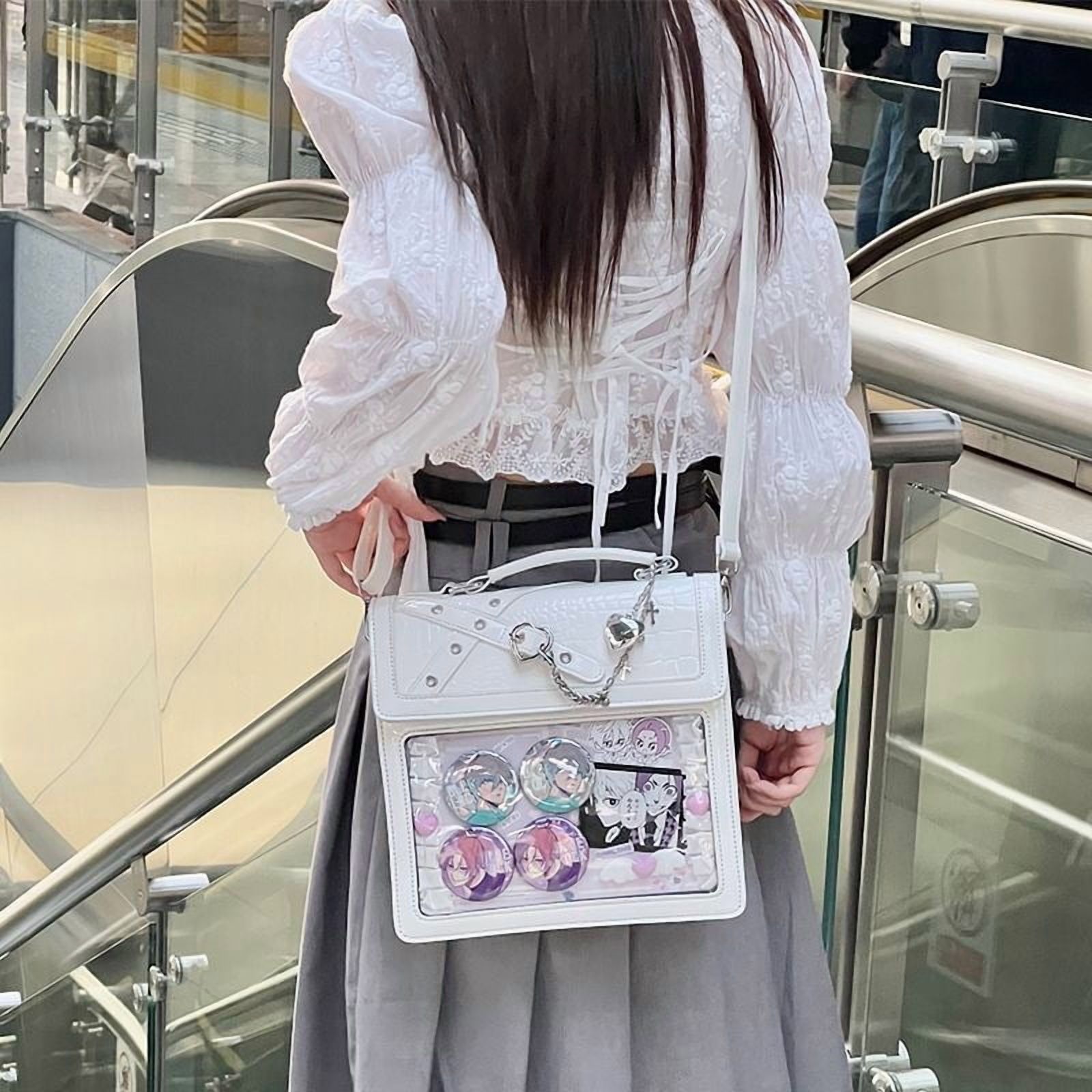 Baguery Gothic Kawaii Ita Crossbody Bag - PU Leather Mini Bag with Heart Pendant & Chain Accents for Women