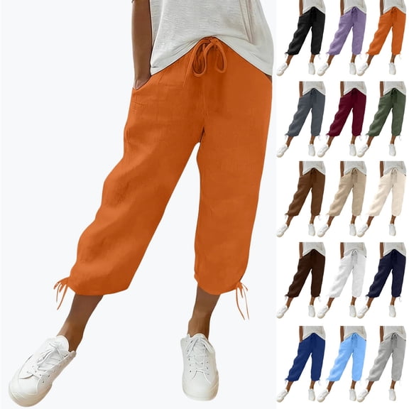 Women's 100% Cotton Elastic Waist Capris with Pockets Casual Stylish Cropped Pants for Summer,Orange_XL