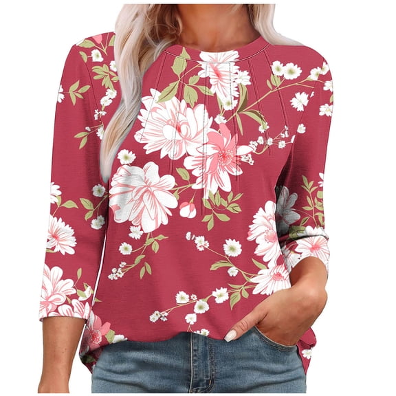 Jsaierl 3/4 Sleeve Womens Tops Casual Crew Neck Shirts Boho Print Petite Pleated Blouses Flowy Cotton T-shirts Top S-3XL