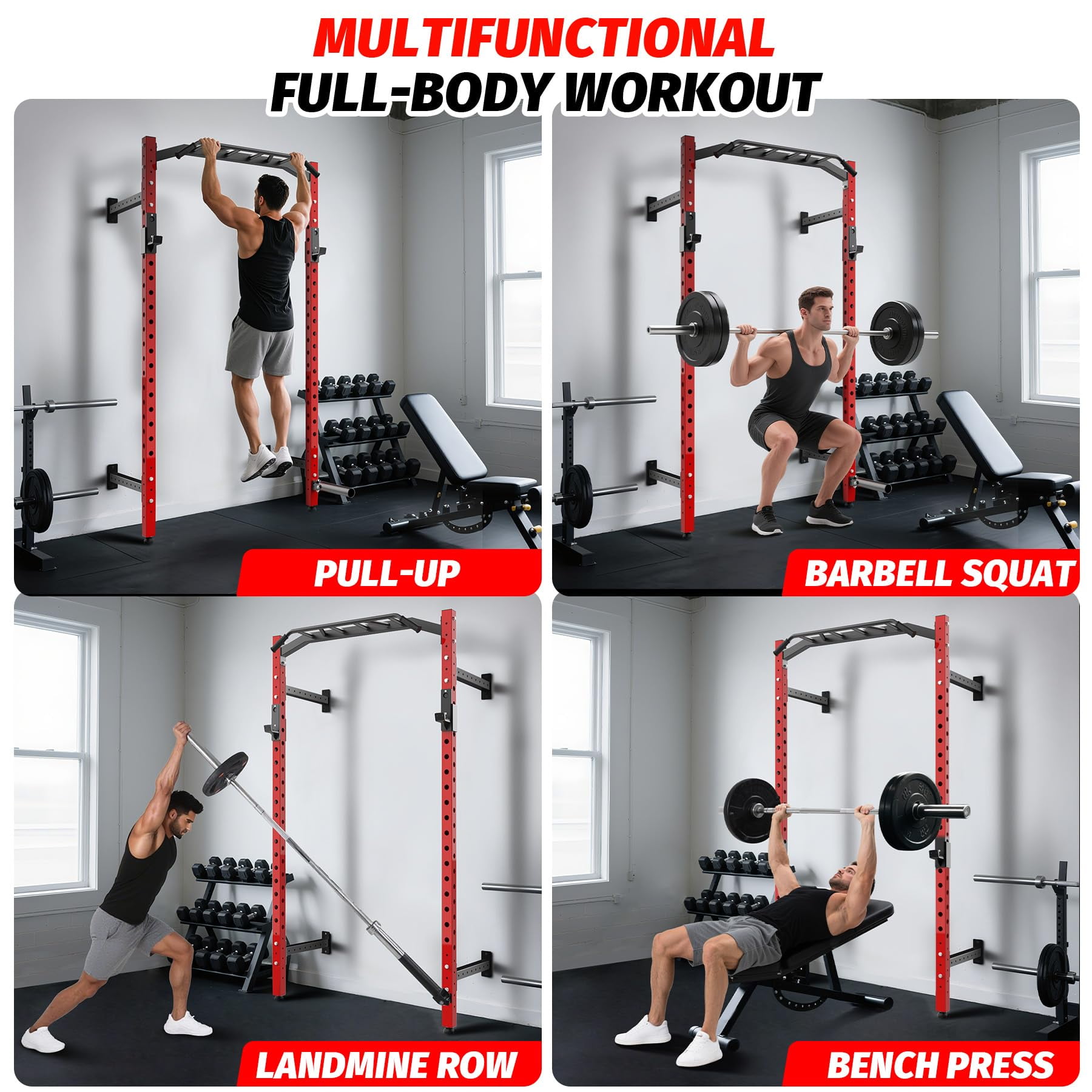 Ataucjin Wall Mounted Power Rack,Multi-Function Power Cage for Strength Training,1600LB Commercial Squat Rack for Home Gym with Multi-Grip Pull Up Bar,J-Cups & Landmine Attachment for Home and Garage