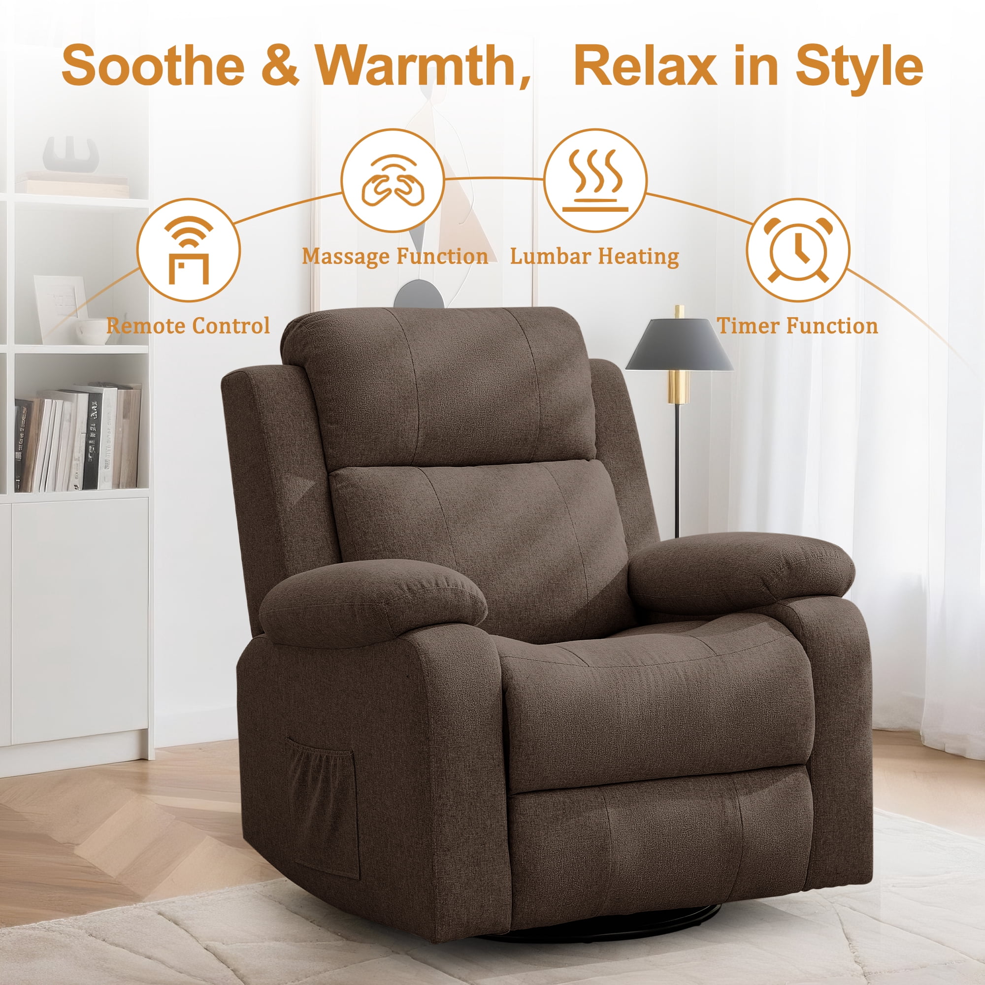 Korser Swivel Rocker Recliner Chair for Adults with Massage and Heat,Upholstered Manual Recliner with Side Pockets Glider Recliner for Living Room,Linen,Brown