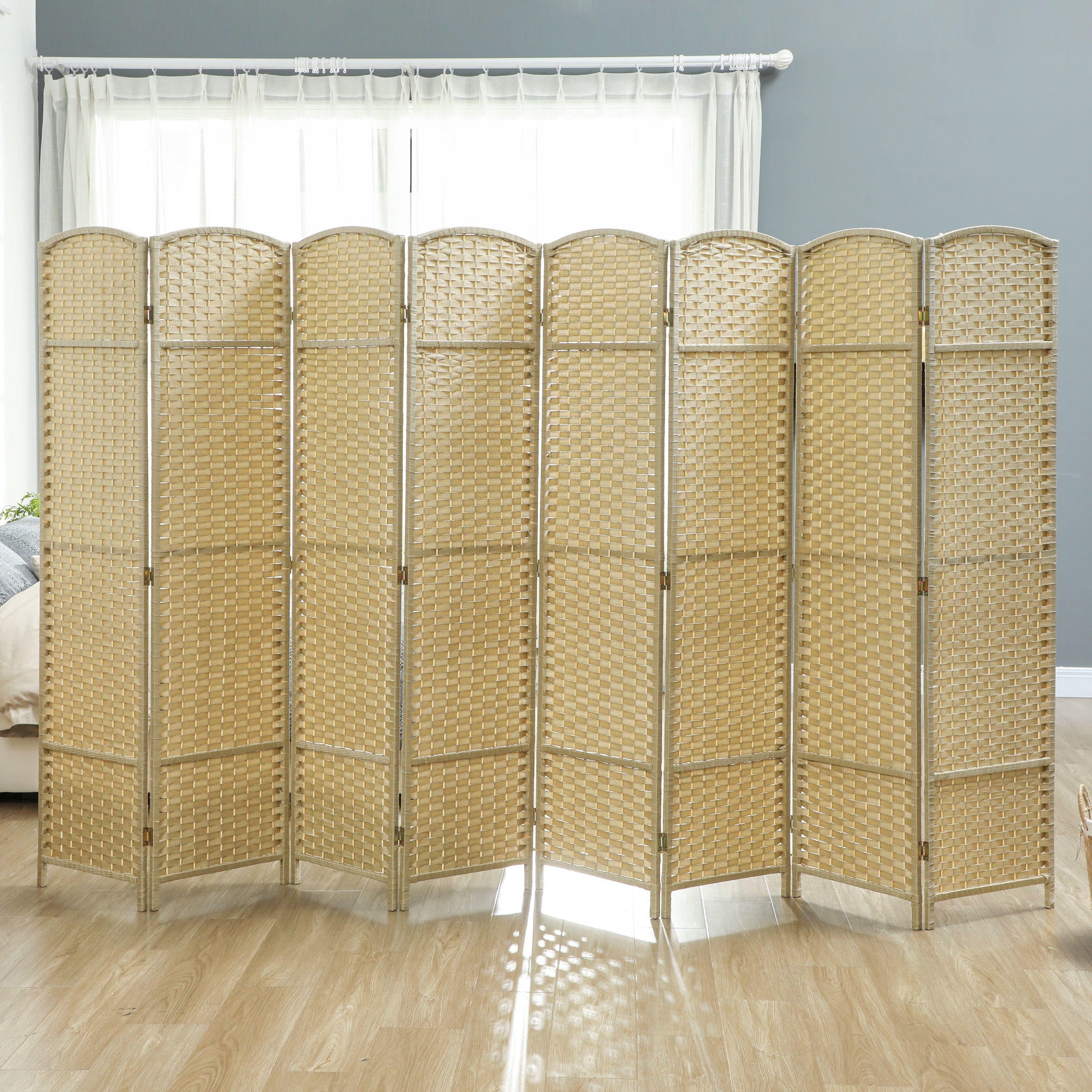 8 Panel Folding Room Divider 5.6' (66.9") Tall Privacy Screen, Freestanding Polypropylene Woven Partition with Pine Wood Frame for Home Office, Beige