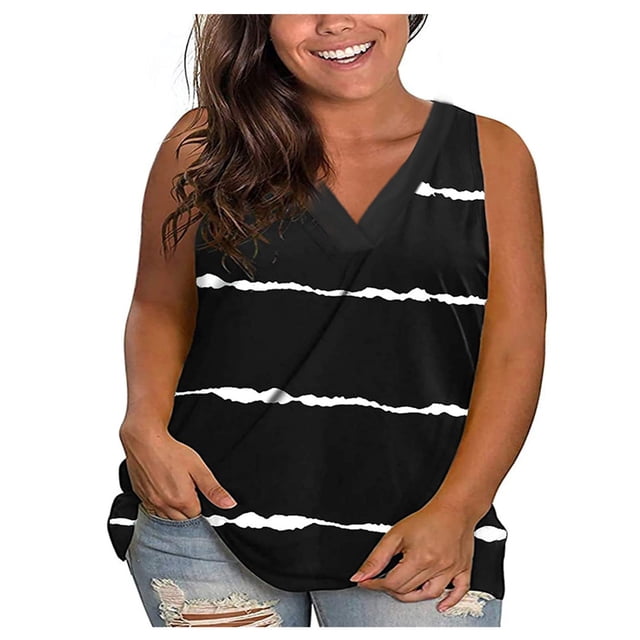 lcziwo Débardeurs Colorblock pour Femmes, Grande Taille Débardeur d'Été Col Rond Rayures Color Block Décontracté Ample Sans Manches, Noir, TG