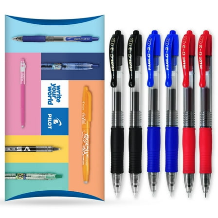 Pilot G-2 Retractable Gel Ink Rollerball Pens - 1.0mm Nib - Pack of 6 - Black, Blue, Red