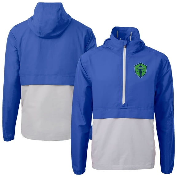 Men's-Cutter & Buck  Blue Seattle Sounders FC Charter Eco Recycled Anorak Hooded Half-Zip Jacket