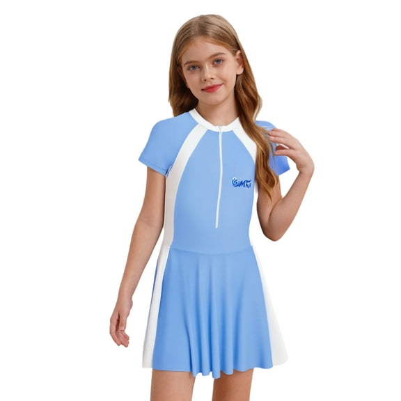 Zaldita Girls Short Sleeve One Piece Swimdress Athletic Bathing Suit Surfing Rash Guard Swimwear Blue 150/XL