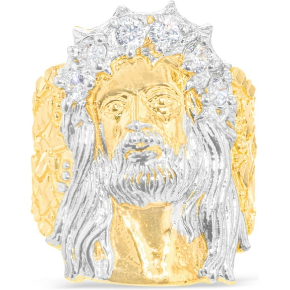 Floreo 10k Yellow Gold 27mm Jesus Face Two-Tone CZ Crown Men's Ring, Sizes 5 - 13