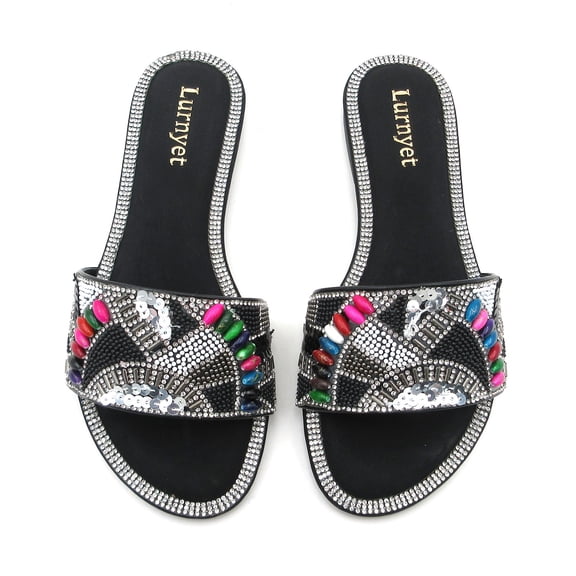 GJPBGK Women’s Embellished Slide Sandals Open Toe Flat Sandals Rhinestone Beaded Slip On Summer Sandals Fashion Casual Sandals for Beach, Vacation & Daily Wear