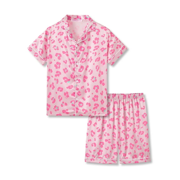 Topgal Satin Pajamas for Girls Beige & Pink Leopard 2 PC Short Sleeves Teen Girl Silky Nightwear Size 10