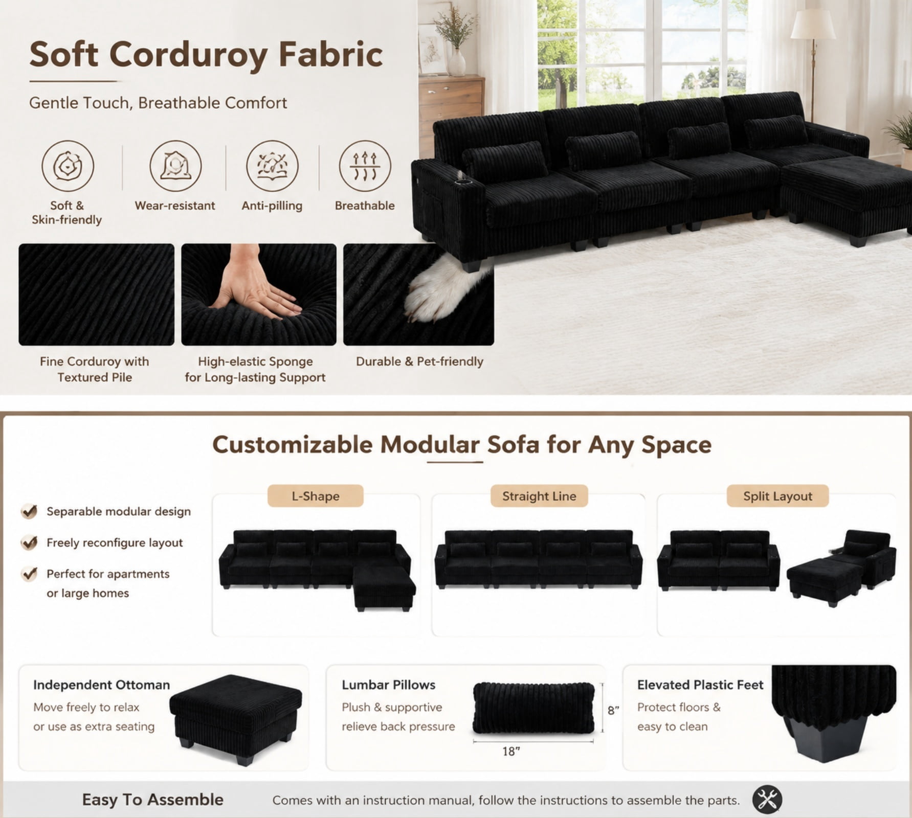 Modular L-Shaped Sectional Sofa with Detachable Ottoman Footrest and Cup Holders, Corduroy 4-Seater Sofa Couch with Side Storage Pockets and Sturdy Plastic Support Feet for Living Room