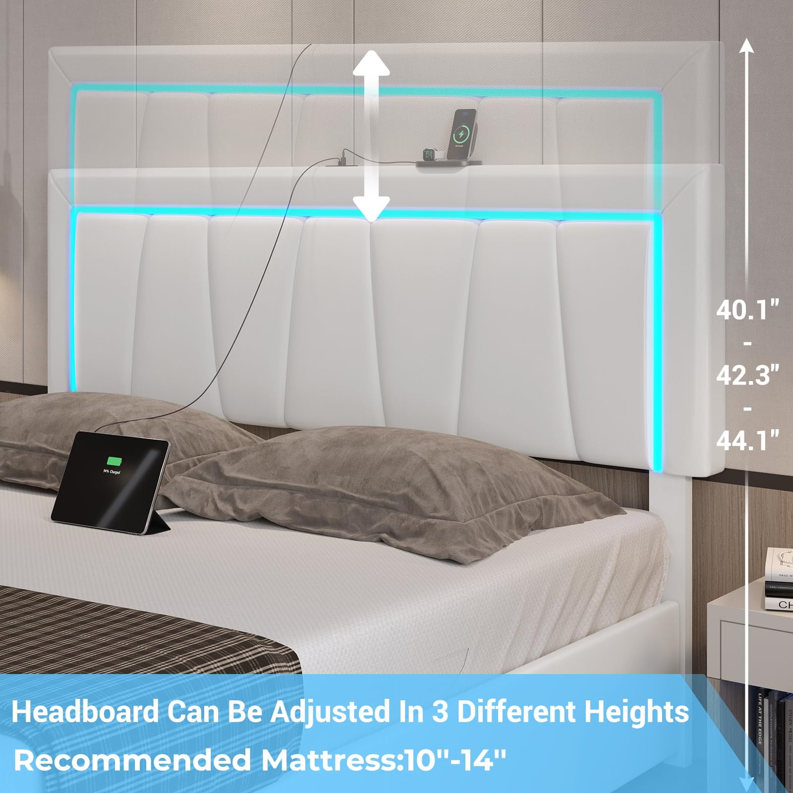 California King Bed Frame with 4 Storage Drawers & USB Ports & LED Headboard, Faux Leather Upholstered Platform Bed Frame with 3 Side Light Strip, No Spring Needed, White