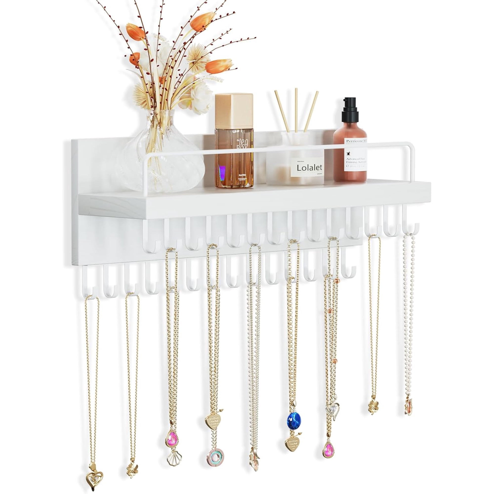 Wall Mount Wooden Jewelry Hanging Organizer with Shelf, 28 Hooks for Necklaces -White