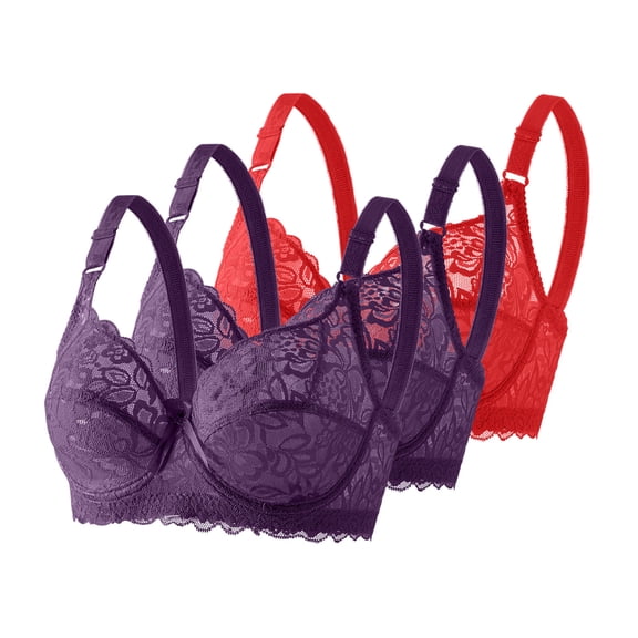 3 Pieces Underwire Bras for Women Plus Size Comfortable Breathable Full Coverage Push up Support Lace Everyday Bras (42, Red,2*Purple)