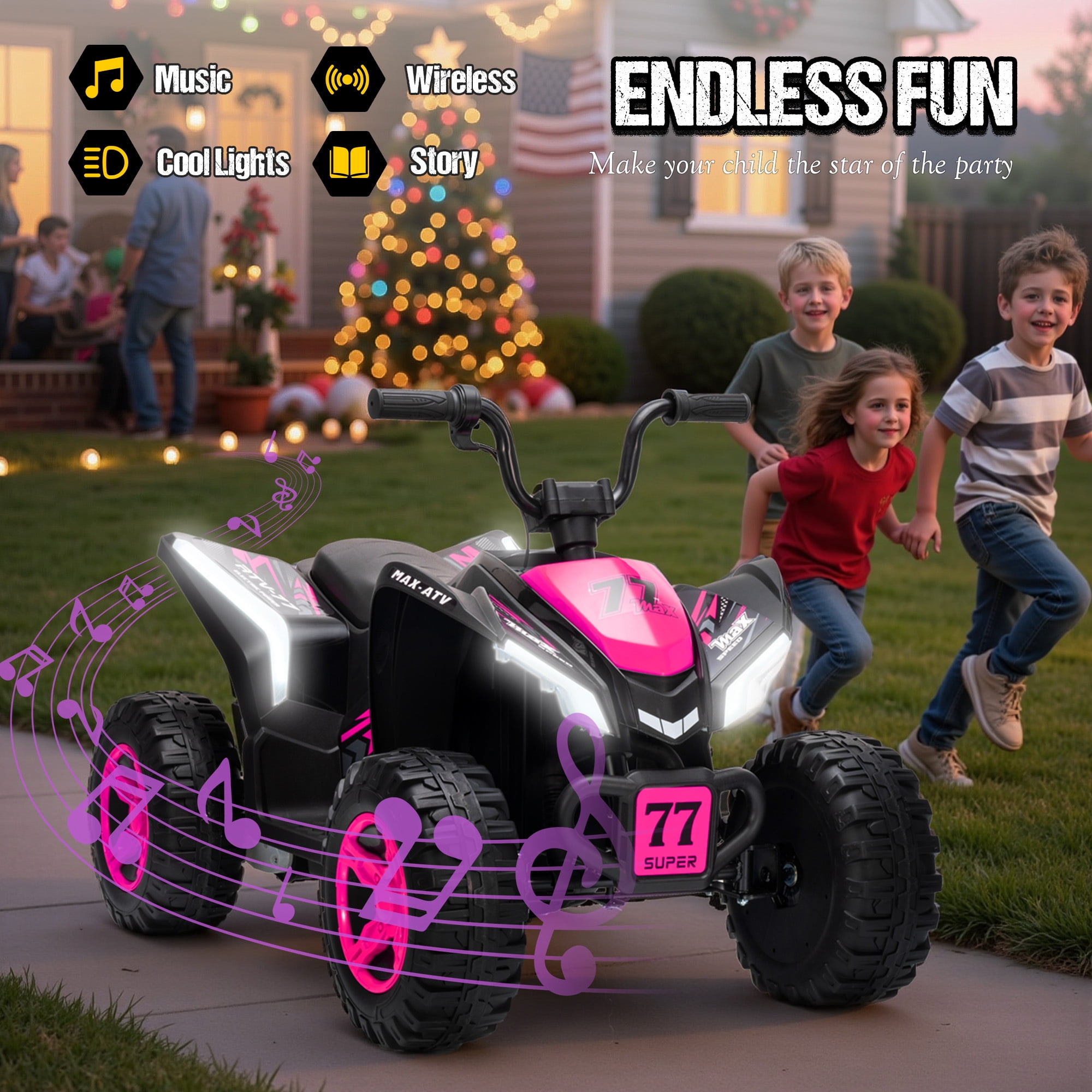 Kids ATV 4 Wheeler, Two Seater 24V Ride On Toy for Big Kid w/Unique LED Light, Music, Wireless, Story, 24 Volt Ride on Car Electric Quad for Boys Girls, Pink