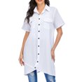 thumbnail image 1 of Nuevas mujeres blusa larga dobladillo irregular mangas cortas bolsillos sueltos casual camisa de ves Abanopi Blanco XX-Large, 1 of 7