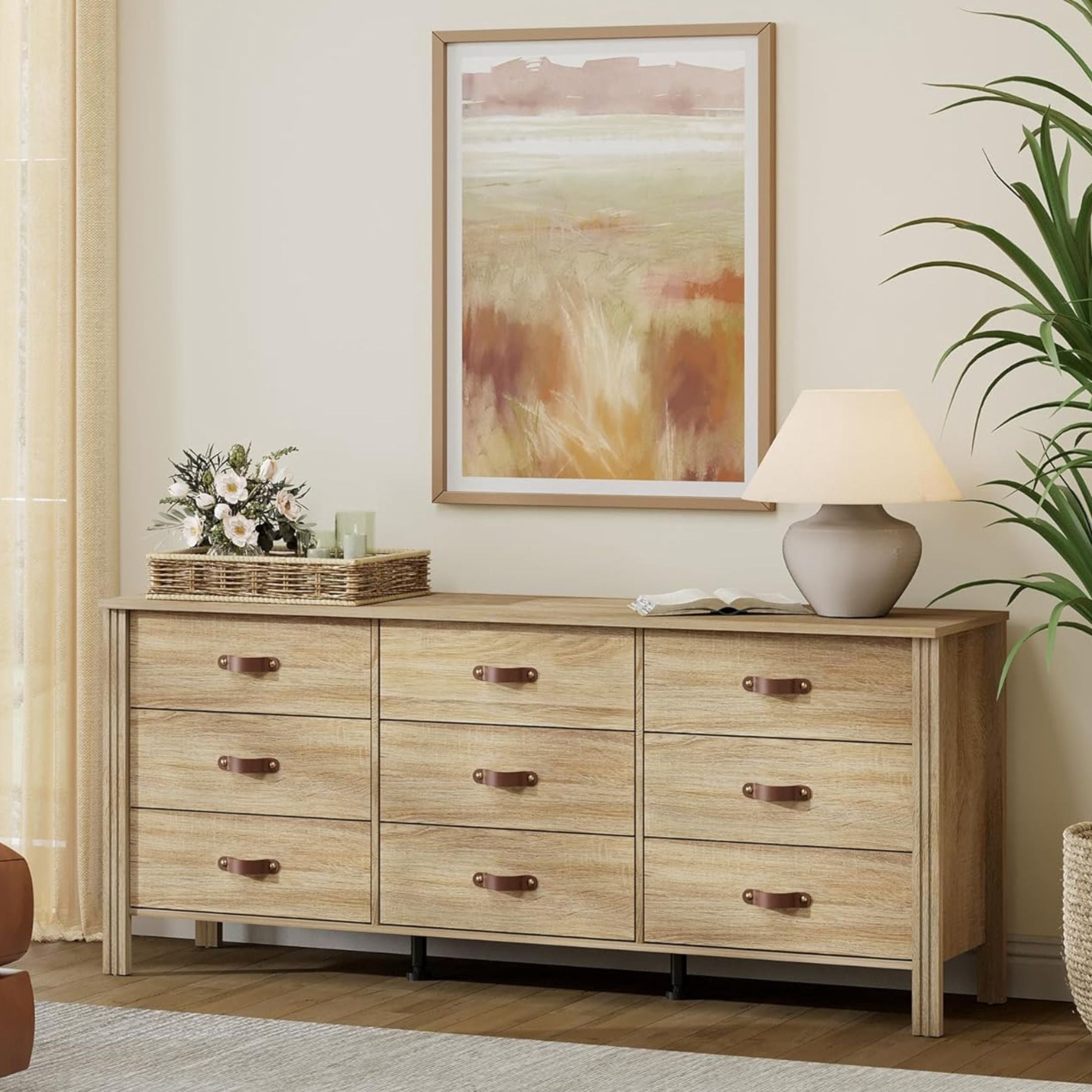 WAMPAT 62" Dresser with 9 Drawers, Farmhouse Dresser with Wide Chest of Drawers for Living Room, Hallway, Nursery, Light Oak