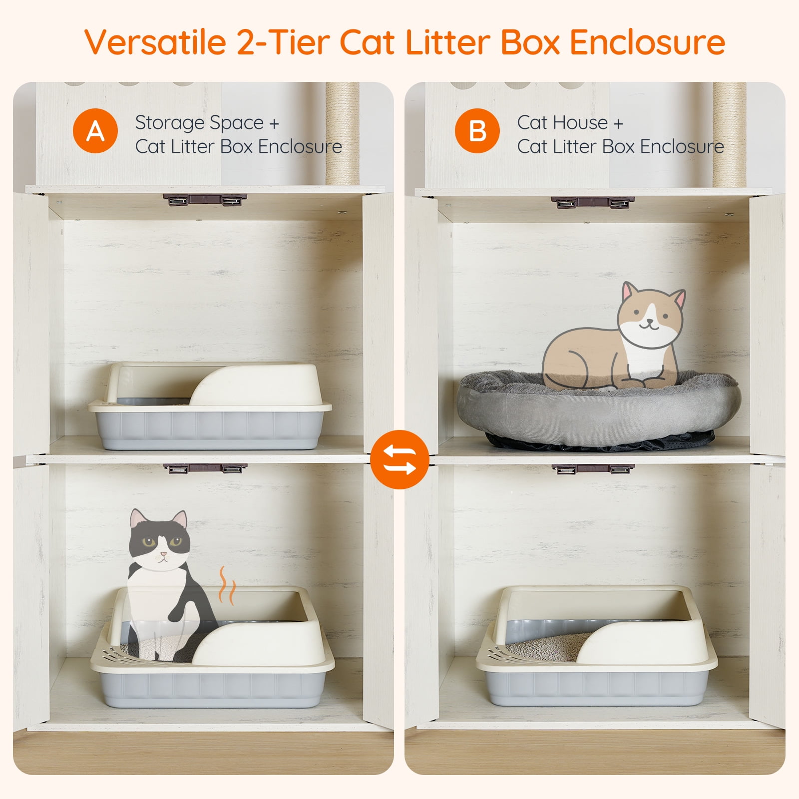 Cat Tree with Litter Box Enclosure, Hidden Double Cat Litter Box Enclosure Furniture, Modern Cat Tree with 2 Dangling Balls and 2 Sisal Scratching Posts for 2 Cats, White WH27MZ03