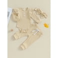 thumbnail image 2 of xiaxaixu Infant Baby Girl Fall Outfit Solid Color Ribbed Long Sleeve Romper Long Pants Bow Headband 3Pcs Set, 2 of 9