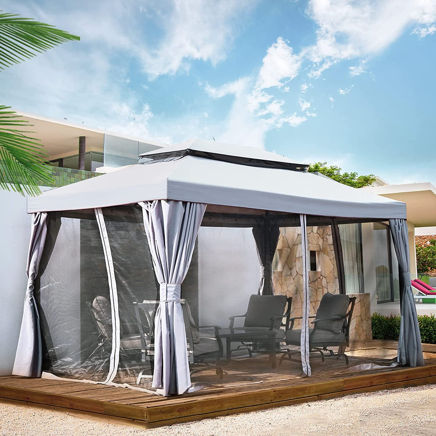Grand Patio Outdoor Soft-Top Gazebo, Water-Resistant Gray Patio Covers Gazebos, Curtains, 10 x 13 ft