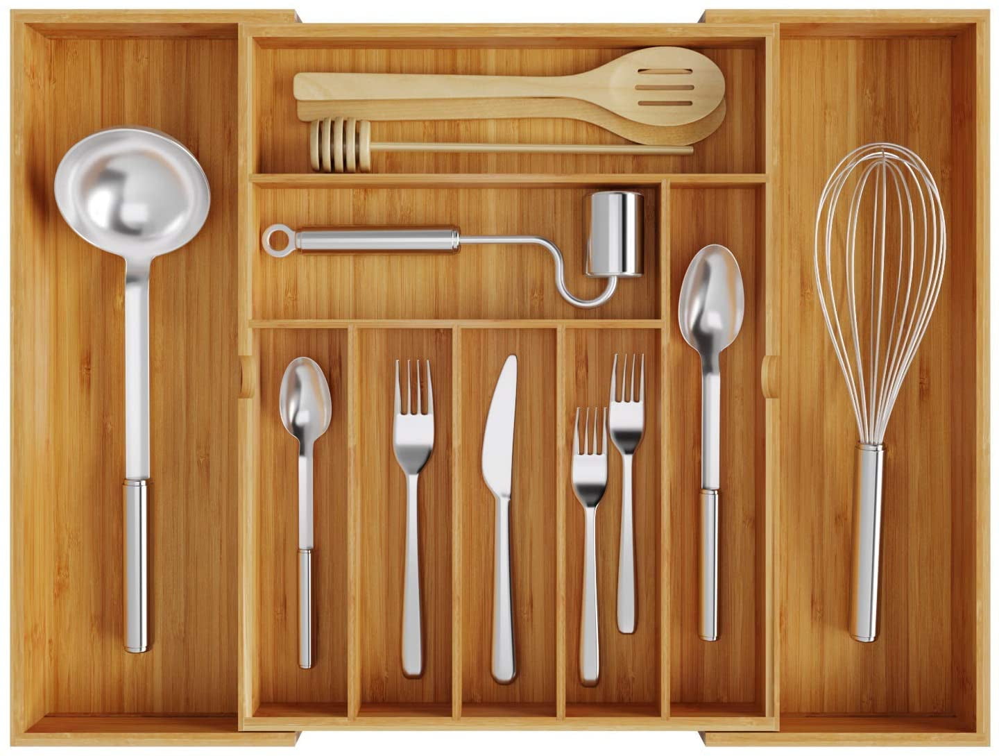 BAMEOS Utensil Drawer Organizer, Cutlery Tray Desk Drawer Organizer Silverware Holder Kitchen Knives Tray Drawer Organizer, 100% Pure Bamboo ...