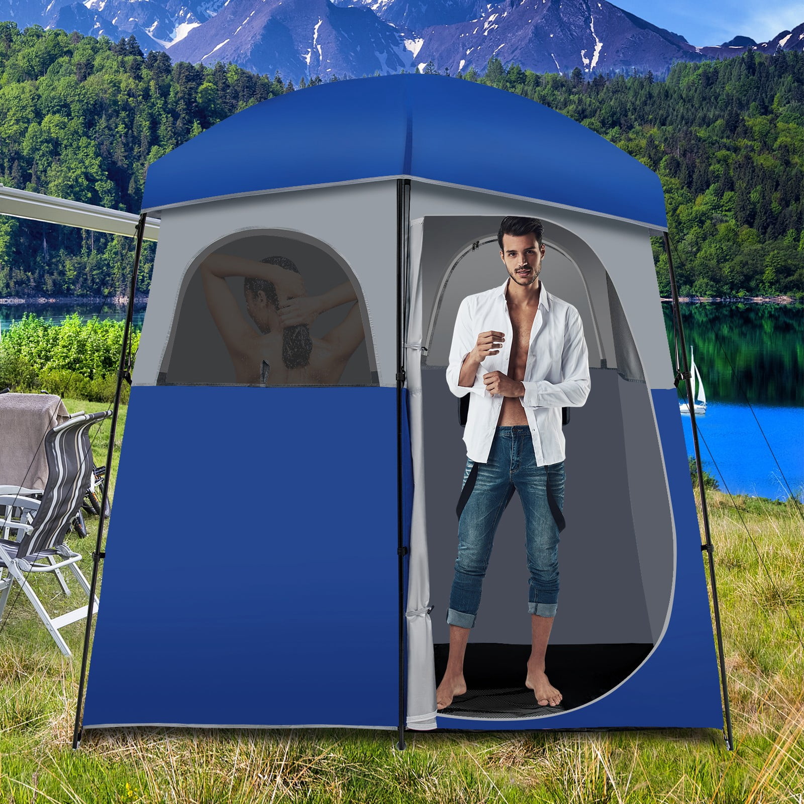 LINJH Double-Room Camping Shower Toilet Tent with Floor Oversize Portable Storage Bag