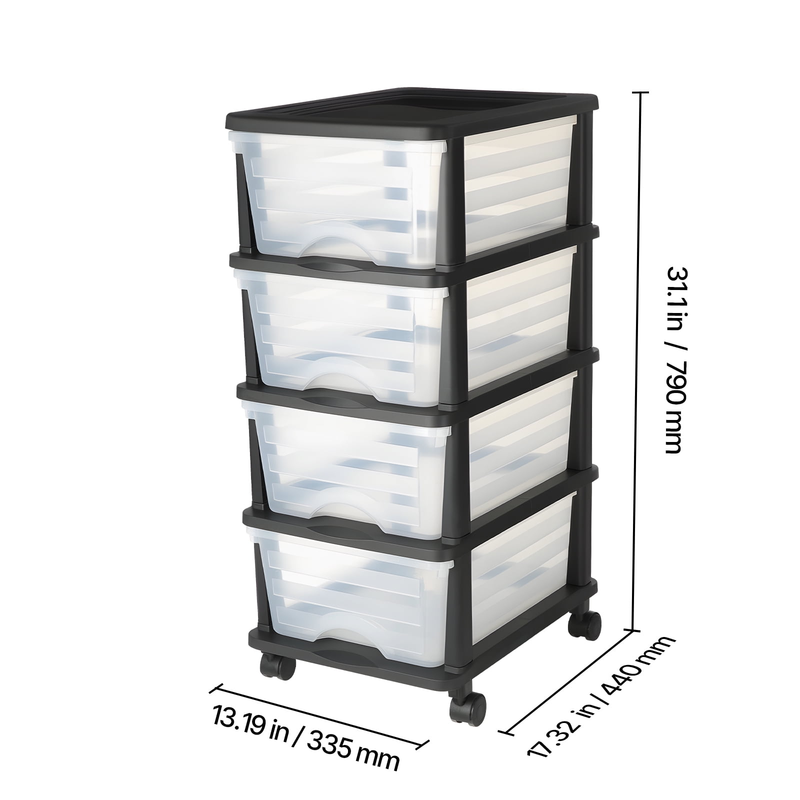 VEVOR Plastic Storage Drawers Cart,4 Drawers Storage Organizer with Wheels, Rolling Closet Organization and Storage Dividers, Dresser Organizer Clear Bins for Office Supplies, Craft Rooms, Classrooms