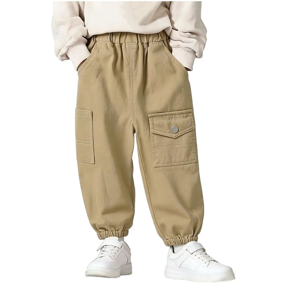 Lenpel Boys' Cargo Joggers Toddler Baby Cotton Elastic Waist Wide Leg Cinch Bottom Pants Baggy Casual Trousers with Pockets