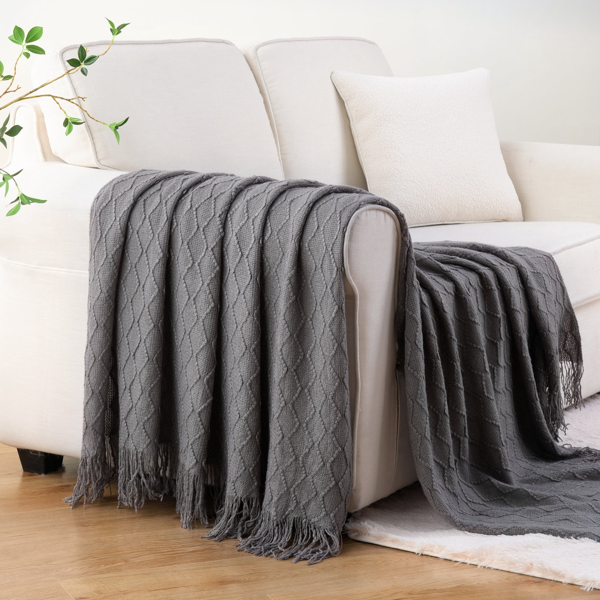 Battilo Dark Grey Throw Blanket for Sofa,Textured Solid Grey Blanket Throw,Knitted Bed Throw,50"x60"