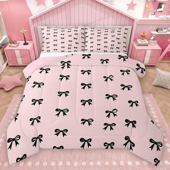 Homewish Girl Lovely Bowknot Bedding Comforter Set,Cute Cartoon Bow Twin Comforter Sets,Kawaii Black Bowtie Bedding Set For Kids,Ultra Soft Home Decor Reversible,2 Pieces