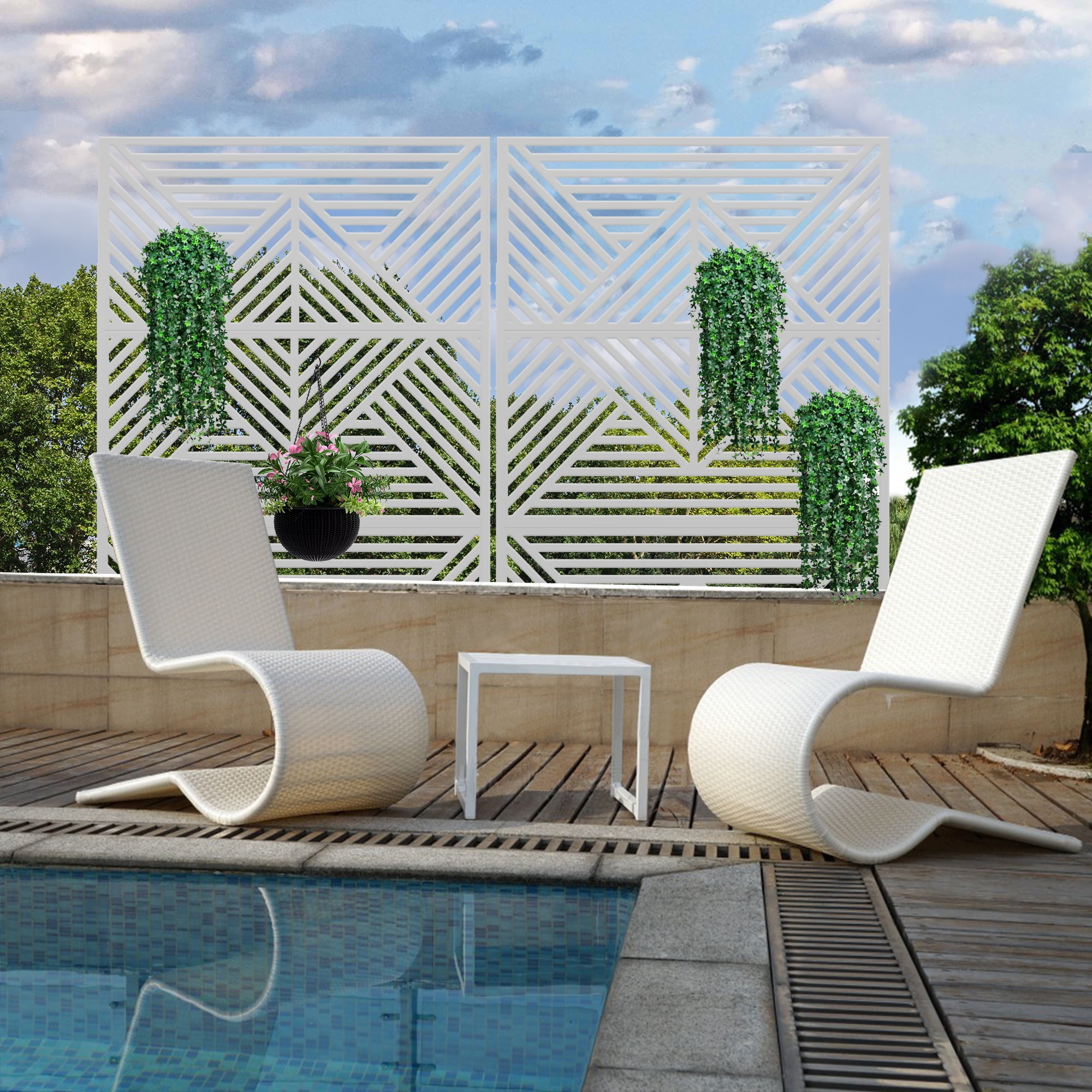 MAYEERTY 72*47" Outdoor White Metal Privacy Panel Screen for Patio, Mountain Pattern