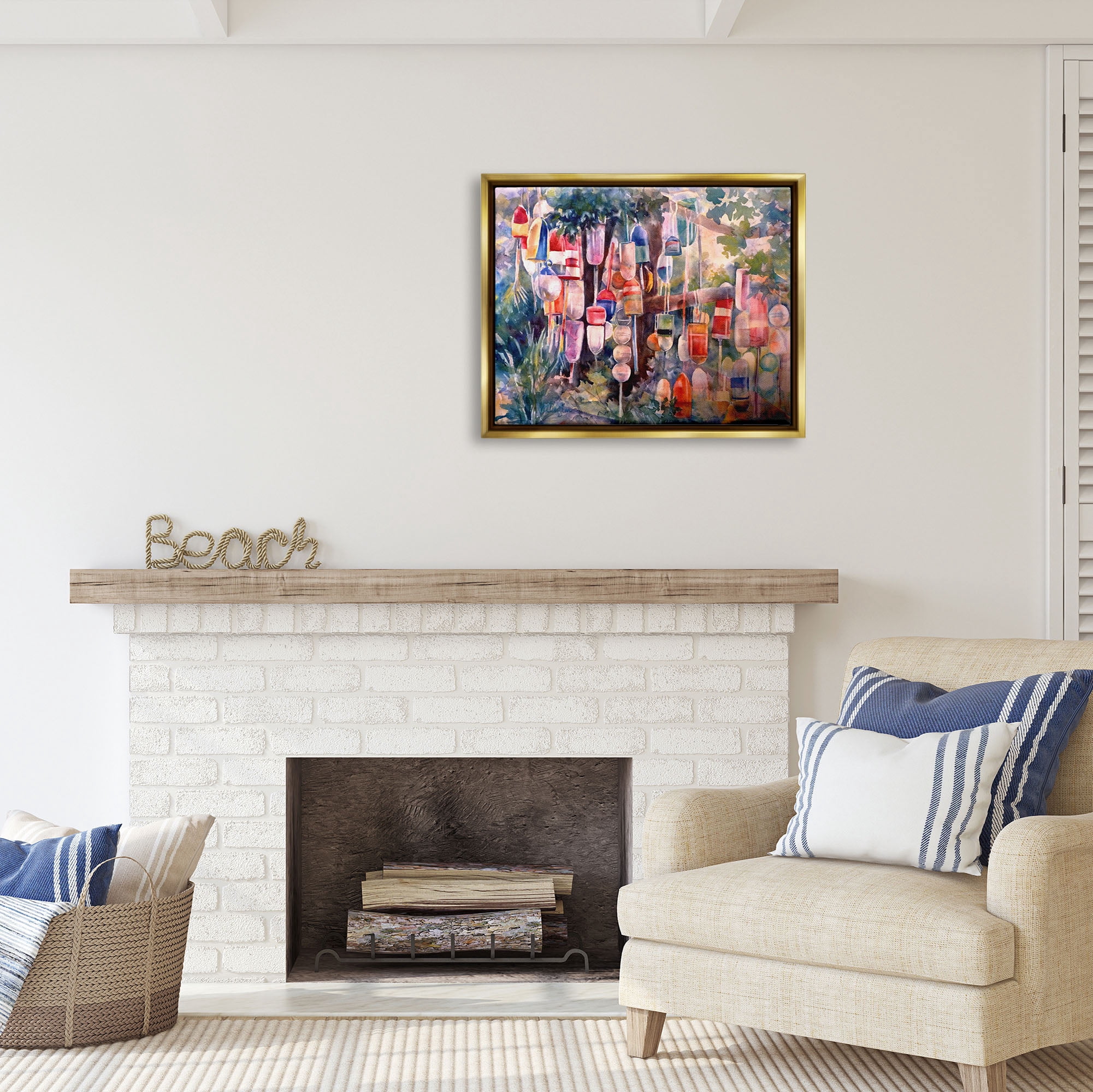 Stupell Industries Maritime Buoys on Tree Nature Painting Gold Floater Framed Art Print Wall Art, 31 x 25