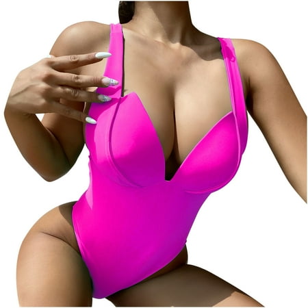 QLEICOM Womens Swimsuits Tummy Control Plus Size Swimsuit Coverup Solid Set Swimsuit One-Piece Filled Bra Swimwear Beachwear Hot Pink S