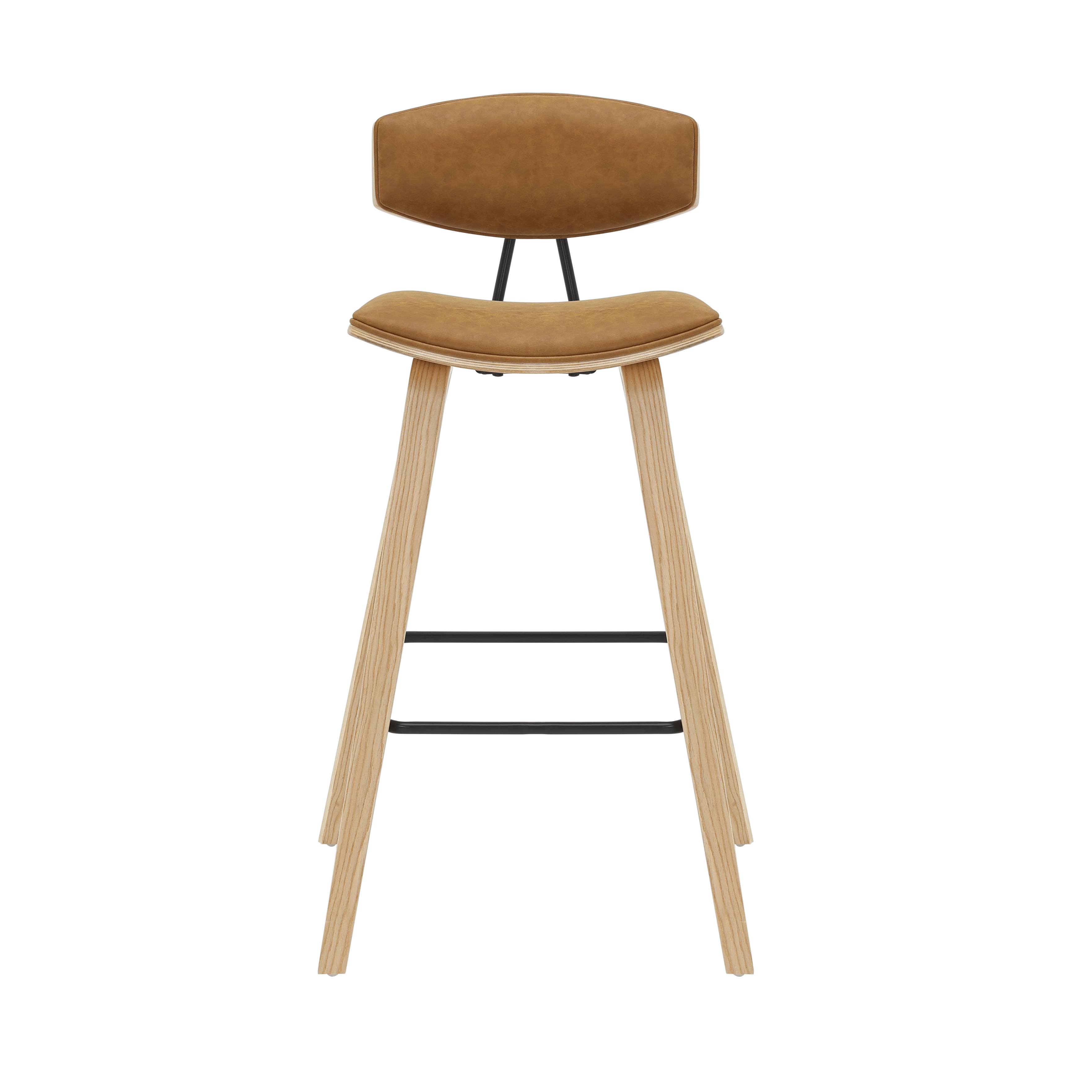 Fox 38 in. H Bar Height Camel Curved Back Wood Bar Stool with Faux Leather Seat Set of 3