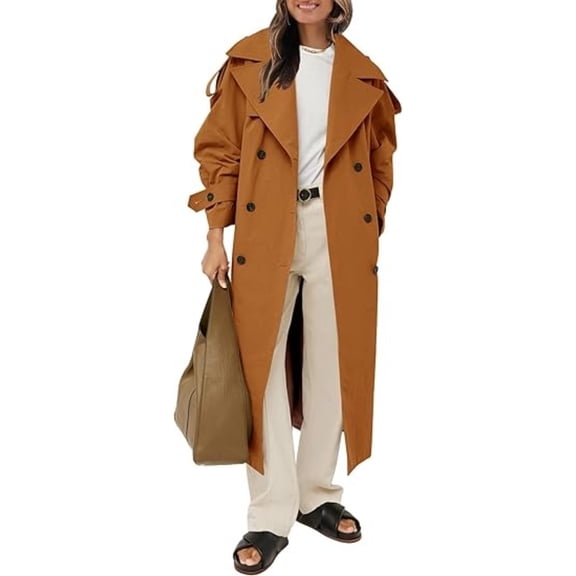 Women Casual Long Trench Coat with Lapel Collar Solid Color Double Breasted Loose Fit with Belt