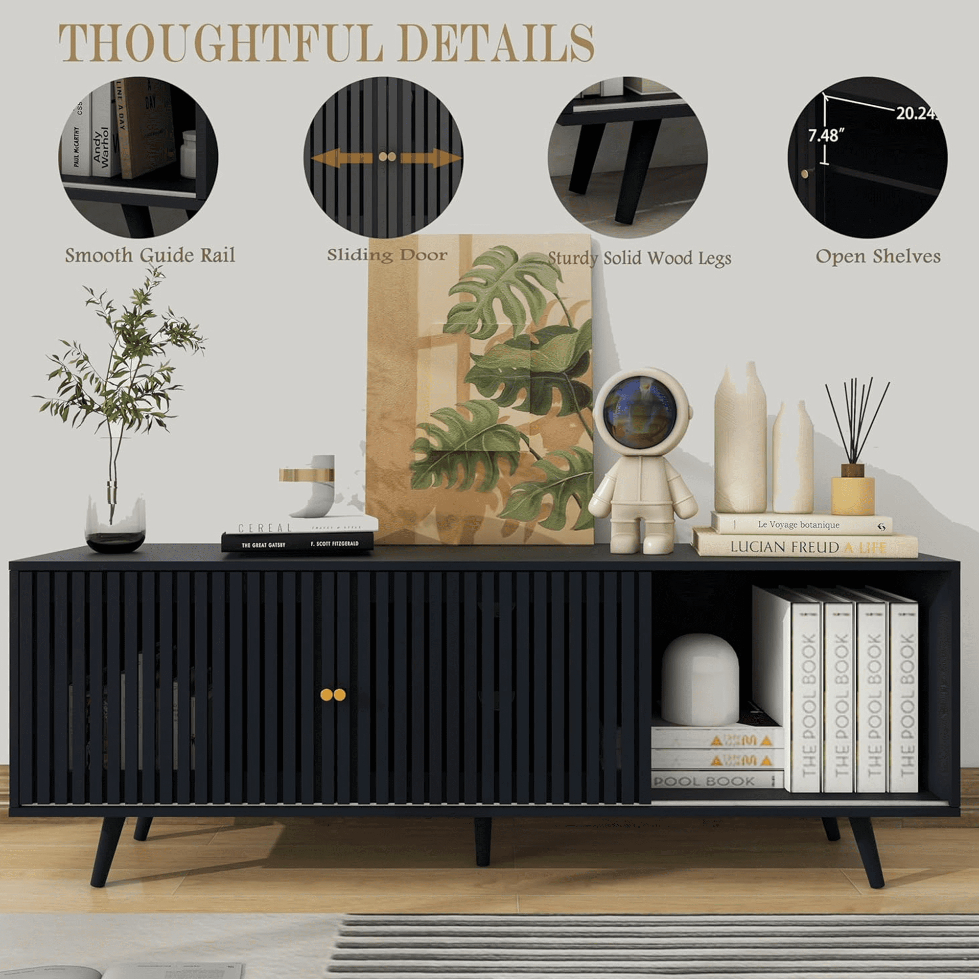 Lisicue Mid-Century Modern TV Stand for TVs up to 70 Inches with Sliding Doors and Storage, Black