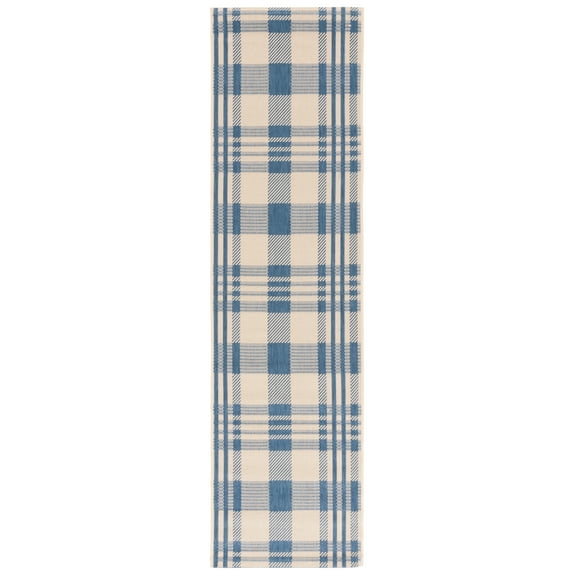 SAFAVIEH Courtyard Benjamin Plaid Indoor/Outdoor Runner Rug, Beige/Blue, 2'3" x 10'