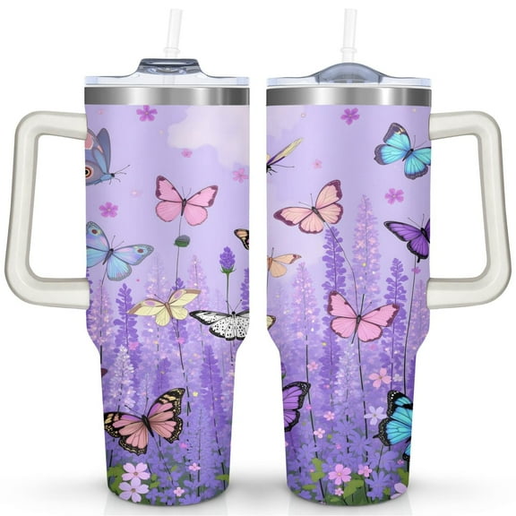 Purple Lavender Flower Butterflies 40 Oz Tumbler with Handle Lid and Straw, Stainless Steel Double Walled Vacuum Insulated Cup, Cute Birthday Gifts Tumbler for Women Men Friends
