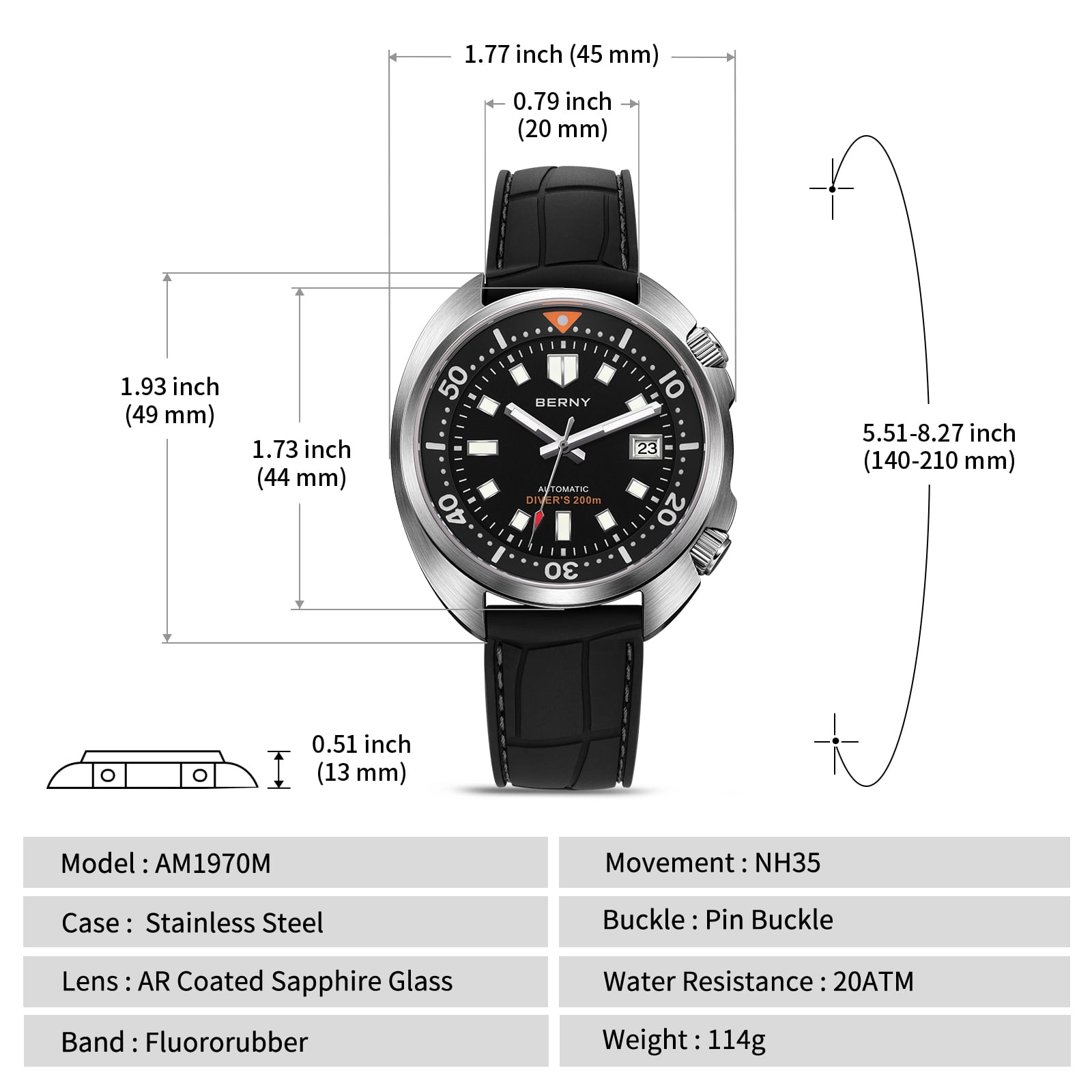 BERNY Automatic Dive Watches for Men, Sport 200M Waterproof Analog Mechanical Watch with Date Display, Super Luminous, Silicone Strap, Sapphire Crystal, Fashion Men's Diver Watch (Black)