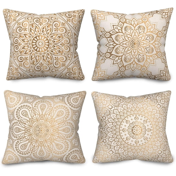 18x18 inches 4pcs Gold Mandala Flowers Linen Pillow Covers Lotus Round Multi-Circle Retro Noble Luxury Square Throw Pillow Case Sofa Bedroom Living Room Decor A Gift for Festivals